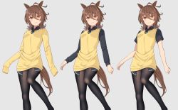 Rule 34 | 1girl, agnes tachyon (umamusume), ahoge, animal ears, black pantyhose, black shirt, blush, breasts, brown eyes, brown hair, brown sweater, closed mouth, collared shirt, commentary request, feet out of frame, gurande (g-size), hair between eyes, highres, horse ears, horse girl, horse tail, long sleeves, looking at viewer, multiple views, pantyhose, shirt, short sleeves, sleeves past fingers, sleeves past wrists, small breasts, smile, sweater, sweater vest, tail, umamusume