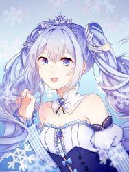 Rule 34 | 1girl, :d, blue eyes, blue hair, blue nails, choker, collarbone, diadem, floating hair, fortissimo, gem, hair between eyes, hair ornament, hatsune miku, long hair, long sleeves, looking at viewer, musical note, musical note hair ornament, nail polish, open mouth, smile, snowflakes, solo, strapless, striped, striped sleeves, twintails, upper body, vertical stripes, very long hair, vocaloid, yuki miku, yun chen