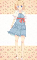 Rule 34 | 1girl, adapted costume, alice margatroid, alternate costume, aoi (annbi), blonde hair, blue dress, blue eyes, dress, floral background, floral print, hairband, highres, looking at viewer, puffy sleeves, ribbon, sandals, sash, short hair, short sleeves, smile, solo, strapless, strapless dress, touhou, vest