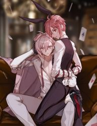 Rule 34 | 2boys, absurdres, animal ears, bishounen, blurry, bound, bound wrists, card, depth of field, fake animal ears, fake tail, formal, highres, idolish7, kujou tenn, leotard, limengyang732, long sleeves, looking at viewer, male focus, male playboy bunny, multiple boys, nanase riku, open clothes, playboy bunny, rabbit ears, rabbit tail, red eyes, red hair, short hair, siblings, slit pupils, suit, tail, twins, uniform, vest, white hair, wrist cuffs