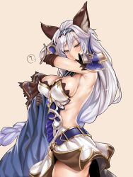 Rule 34 | 10s, 1girl, animal ears, armor, armpits, backless outfit, bad id, bad twitter id, blush, braid, breasts, brown eyes, cat ears, cat girl, cle masahiro, cleavage, female focus, granblue fantasy, heles, large breasts, long hair, looking at viewer, shoulder pads, sideboob, silver hair, simple background, solo, sweat, very long hair