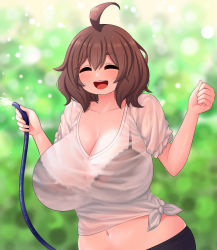 Rule 34 | 1girl, ahoge, black bra, blurry, blurry background, blush, borrowed character, bra, bra visible through clothes, breasts, brown hair, cleavage, closed eyes, hands up, highres, hose, huge breasts, insomnia-chan, medium hair, midriff, navel, open mouth, original, shadow, shirt, smile, solo, the only shoe, tied shirt, underwear, upper body, white shirt