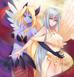 Rule 34 | 2girls, alipheese fateburn xvi, alternate eye color, alternate hair color, alternate hairstyle, angel wings, back-to-back, black gloves, blonde hair, blue eyes, blue hair, blue skin, breasts, cleavage, color switch, colored skin, dress, elbow gloves, facial mark, forehead jewel, forehead mark, gloves, gradient background, highres, ilias, impossible clothes, jiffic, lamia, large breasts, long hair, midriff, mon-musu quest!, monster girl, multiple girls, navel, off-shoulder dress, off shoulder, orange eyes, pointy ears, silver hair, skirt, slit pupils, smile, white wings, wings, yellow eyes