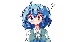 Rule 34 | 1girl, ?, ahoge, blue eyes, blue hair, blush, breasts, closed mouth, collarbone, commentary, heterochromia, highres, kasuya baian, long sleeves, looking at viewer, medium breasts, red eyes, short hair, solo, symbol-only commentary, tatara kogasa, touhou, upper body