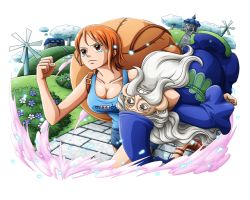 Rule 34 | 1boy, 1girl, backpack, bad leg, bag, blue dress, blue hat, blue shirt, blue skirt, bodskih, breasts, brown eyes, cleavage, clothes writing, collarbone, dress, haredas, hat, holding person, large breasts, medium breasts, miniskirt, nami (one piece), one piece, one piece treasure cruise, orange hair, runing, shirt, short hair, skirt, sleeveless, sleeveless shirt, tears, transparent background, witch hat