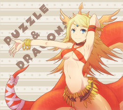 Rule 34 | 1girl, blonde hair, bracelet, breasts, covered erect nipples, crown, echidna (p&amp;d), jewelry, lamia, midriff, monster girl, navel, puzzle &amp; dragons, smile, solo, underboob