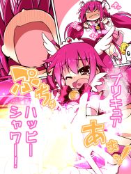 Rule 34 | 10s, 1girl, :o, blush, bow, candy (smile precure!), choker, clenched teeth, cure happy, heart, hoshizora miyuki, long hair, magical girl, nanateru, one eye closed, open mouth, pink bow, pink eyes, pink hair, precure, ribbon, sexually suggestive, smile precure!, teeth, tiara, twintails, wink