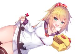 Rule 34 | 1girl, :d, akai haato, akai haato (casual), blonde hair, blue sailor collar, blush, breasts, brown thighhighs, clothes lift, collarbone, dress, dress lift, fang, fingernails, green eyes, haaton (akai haato), hair between eyes, hair ornament, hairclip, heart, heart hair ornament, high ponytail, highres, holding, hololive, lifting own clothes, long hair, long sleeves, looking at viewer, lying, medium breasts, on side, open mouth, pig, pleated dress, ponytail, sailor collar, sailor dress, simple background, sleeves past wrists, smile, solo, thighhighs, translation request, transparent background, very long hair, virtual youtuber, white background, white dress, yoshiheihe