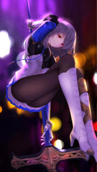 Rule 34 | 1girl, absurdres, an yasuri, armor, ass, azur lane, bad id, bad pixiv id, black pantyhose, blurry, bokeh, boots, breastplate, breasts, closed mouth, corset, cross-laced footwear, crossed legs, depth of field, gauntlets, gloves, grey hair, hair between eyes, hair ornament, high heel boots, high heels, highres, holding, holding polearm, holding weapon, knee boots, lace-up boots, large breasts, left-handed, light particles, light smile, long hair, looking at viewer, miniskirt, mole, panties, pantyhose, pleated skirt, polearm, red eyes, saint-louis (azur lane), shin guards, sidelocks, skirt, solo, thighs, underwear, weapon, white footwear, white skirt, wind