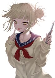 Rule 34 | 1girl, bags under eyes, blonde hair, blood, blood on tongue, bloody knife, blue sailor collar, boku no hero academia, cardigan, double bun, hair bun, highres, holding, holding knife, index finger raised, knife, looking at viewer, messy hair, neckerchief, nishinokyo, red neckerchief, sailor collar, simple background, solo, toga himiko, white background, yellow cardigan, yellow eyes