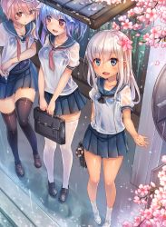 Rule 34 | 10s, 3girls, :3, :d, adapted costume, alternate costume, bag, black legwear, blue eyes, blue hair, blurry, breasts, briefcase, cherry blossoms, cleavage, collarbone, depth of field, fang, flower, from above, hair between eyes, hair flower, hair ornament, hair ribbon, highres, holding, i-19 (kancolle), i-58 (kancolle), kantai collection, ks (xephyrks), loafers, long hair, looking at viewer, looking up, medium breasts, multiple girls, one-piece swimsuit, one-piece tan, open mouth, petals, pink eyes, pink hair, pleated skirt, rain, red eyes, ribbon, ro-500 (kancolle), school bag, school briefcase, school swimsuit, school uniform, see-through, serafuku, shirt, shoes, short hair, silver hair, skirt, small breasts, smile, standing, star-shaped pupils, star (symbol), swimsuit, swimsuit under clothes, symbol-shaped pupils, tan, tanline, thighhighs, wet, wet clothes, wet shirt, white legwear, wringing clothes, zettai ryouiki
