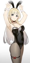 Rule 34 | 1girl, :d, animal ears, armpits, arms up, bare shoulders, black choker, black leotard, black pantyhose, blonde hair, blue eyes, blush, bow, breasts, choker, cleavage, collarbone, fake animal ears, fake tail, from side, highres, leotard, long hair, looking at viewer, looking to the side, open mouth, original, pantyhose, playboy bunny, rabbit ears, rabbit tail, red bow, smile, solo, strapless, strapless leotard, tail, thigh strap, yuu (yuu ammy)