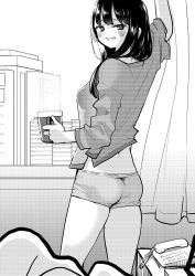 Rule 34 | 1girl, arm up, blush, boku no kokoro no yabai yatsu, boxers, building, commentary request, cup, curtain grab, curtains, greyscale, grin, highres, holding, holding cup, looking at viewer, looking back, male underwear, mole, mole on thigh, monochrome, open mouth, pajamas, phone, sakurai norio, see-through silhouette, smile, smirk, solo, steam, underwear, yamada anna
