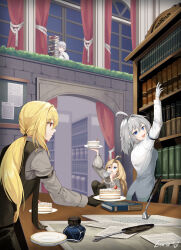 Rule 34 | 1boy, 3girls, absurdres, ahoge, arm up, armband, blonde hair, blue eyes, book, book stack, bookshelf, braid, cake, cake slice, cup, curtains, drinking, food, formal, gloves, grey hair, hair intakes, hair tie, heterochromia, highres, holding, holding book, holding cup, holding plate, inkwell, knees up, leaning forward, library, long hair, long sleeves, looking back, looking down, looking up, lucio (lucioooo38), multiple girls, necktie, open mouth, original, paper, parted bangs, plate, ponytail, reaching, red eyes, short hair, sitting, smile, twin braids, very long hair, window