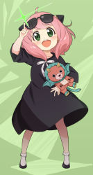 Rule 34 | 1girl, :d, ahoge, anya (spy x family), arm up, black-framed eyewear, black dress, black footwear, blush, bow, collarbone, commentary request, director chimera (spy x family), dress, eyewear on head, full body, green background, green eyes, head tilt, highres, hugging object, jigatei (omijin), long hair, long sleeves, looking at viewer, open mouth, pink hair, shoes, smile, socks, solo, sparkle, spy x family, standing, stuffed animal, stuffed toy, sunglasses, teeth, upper teeth only, white bow, white socks