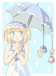 Rule 34 | 1girl, alice margatroid, alternate costume, aqua background, aqua eyes, arnest, bare arms, bare shoulders, blonde hair, blue background, blue bow, blue dress, blue hairband, blue theme, blue umbrella, blush, bob cut, border, bow, closed mouth, collarbone, doll, dot nose, dress, dress bow, facing viewer, floral print, frilled shirt collar, frills, hairband, hands up, hanging, holding, holding umbrella, hourai doll, lolita hairband, looking at another, looking to the side, no mouth, no nose, outside border, pale color, print umbrella, rain, rope, rounded corners, shanghai doll, short hair, sleeveless, sleeveless dress, smile, solid oval eyes, solo, sundress, touhou, umbrella, umbrella bow, upper body, water drop, white border, white bow