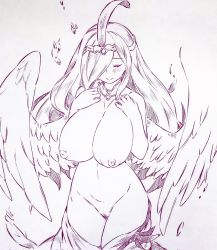 Rule 34 | 1girl, angel wings, blush, breasts, closed eyes, closed mouth, commentary request, copyright request, corrupted twitter file, female pubic hair, granblue fantasy, hair over one eye, highres, large breasts, long hair, monochrome, morrigna, navel, nipples, nude, pubic hair, solo, thighs, traditional media, tsukareta san, wings