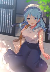 Rule 34 | 1girl, bag, bare shoulders, beret, blouse, blue eyes, blue hair, blue skirt, blush, breasts, casual, collared shirt, day, double bun, floor, from above, hair between eyes, hat, highres, kantai collection, large breasts, long hair, long skirt, looking at viewer, looking up, medium hair, open mouth, outdoors, plant, sailor hat, senbei (senbe i), shadow, shirt, skirt, sleeveless, sliding doors, smile, solo, standing, tree, urakaze (kancolle), veranda, white shirt
