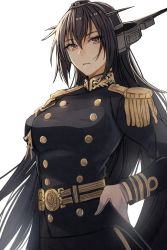 Rule 34 | 1girl, alternate costume, black hair, black jacket, breasts, epaulettes, gloves, hair between eyes, hand on own hip, headgear, highres, jacket, kantai collection, kasumi (skchkko), large breasts, long hair, looking at viewer, military, military uniform, nagato (kancolle), parted lips, red eyes, simple background, solo, uniform, upper body, white gloves