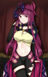 Rule 34 | 1girl, absurdres, asymmetrical pants, black choker, black pants, black thighhighs, breasts, choker, collarbone, commentary request, cowboy shot, crop top, curtains, facial mark, fire emblem, fire emblem engage, hand up, highres, ivy (fire emblem), large breasts, leggings, long hair, long sleeves, looking at viewer, midriff, navel, nintendo, otokajife, pants, purple eyes, purple hair, sage outfit (fire emblem engage), shirt, shrug (clothing), single thighhigh, solo, standing, stomach, thighhighs, thighs, very long hair, yellow shirt