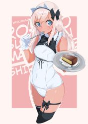 Rule 34 | 1girl, absurdres, adapted costume, alternate costume, black bow, black thighhighs, blonde hair, blue eyes, blush, bow, breasts, cake, commentary request, covered navel, cowboy shot, cropped legs, dessert, eating, enmaided, food, frills, gloves, hair bow, highres, holding, holding plate, kantai collection, long hair, looking at viewer, maid, maid headdress, maid one-piece swimsuit, pink background, plate, ro-500 (kancolle), solo, swimsuit, tan, tanline, thighhighs, tray, unconventional maid, utensil in mouth, uut, white gloves