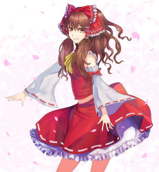 Rule 34 | 1girl, bad id, bad pixiv id, bare shoulders, brown eyes, brown hair, detached sleeves, female focus, hair tubes, hakurei reimu, hidezi, highres, japanese clothes, looking at viewer, miko, petals, simple background, solo, touhou, white background, wind