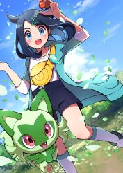 Rule 34 | 1girl, :d, absurdres, arm up, black hair, black shorts, blush, cloud, coat, commentary request, cowlick, creatures (company), day, eyelashes, falling leaves, game freak, green coat, hair ornament, hairclip, hand up, highres, holding, holding poke ball, jewelry, leaf, liko (pokemon), necklace, nintendo, open clothes, open coat, open mouth, outdoors, poke ball, poke ball (basic), pokemon, pokemon (anime), pokemon horizons, pon yui, shirt, shoes, shorts, sky, sleeves past elbows, smile, socks, sprigatito, standing, white shirt, yellow bag