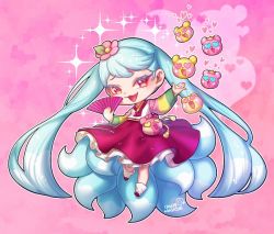 Rule 34 | 1girl, artist request, blue hair, cookie run, dress, heart, humanization, kumiho cookie, multicolored hair, personification, red eyes, sleeveless, sleeveless dress, solo, source request