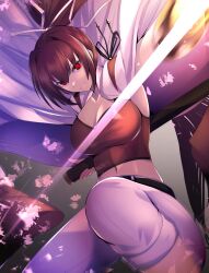 Rule 34 | 1girl, breasts, cape, cleavage, crop top, gaien (jin morisono), hair ribbon, highres, holding, holding sword, holding weapon, katana, large breasts, long hair, midriff, motion blur, motion lines, navel, pants, ponytail, purple hair, red eyes, ribbon, smile, solo, speed lines, sword, under night in-birth, weapon, yuzuriha (under night in-birth)