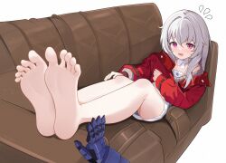 Rule 34 | 1girl, absurdres, bare legs, barefoot, blush, clara (honkai: star rail), couch, feet, flying sweatdrops, foot focus, hair between eyes, highres, honkai: star rail, honkai (series), jacket, legs, long hair, nervous, on couch, open mouth, red jacket, soles, toenails, toes, v.a. (vanilla), white hair