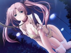 Rule 34 | 1girl, all fours, ayakaze ryuushou, bdsm, blouse, blue eyes, blush, bow, bow panties, bra, breasts, cleavage, collar, covered erect nipples, dutch angle, game cg, garter belt, hair ribbon, large breasts, leash, lingerie, long hair, night, no pants, nurse no obenkyou, open clothes, open shirt, outdoors, panties, pet play, pink hair, public indecency, ribbon, shirt, solo, takano hina, thigh gap, thighhighs, thighs, twintails, underwear, viewer holding leash, white thighhighs, yellow bra, yellow panties