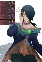 Rule 34 | 1boy, ?, ??, absurdres, black hair, black pants, blood, blood on face, blood on hands, blush, bruise, bruise on face, choker, collarbone, game screenshot inset, gem, grey background, hand up, highres, hwei (league of legends), injury, league of legends, long sleeves, looking at viewer, male focus, pants, ponytail, purple choker, sitting, sume chi (suijou10), white background