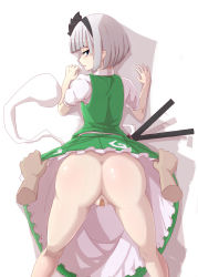 Rule 34 | 1girl, ass, bandaid, bandaid on pussy, clothes lift, disembodied hand, dress, dress lift, hair ornament, hairband, highres, infraton, konpaku youmu, looking back, no panties, open mouth, pink hair, short hair, standing, touhou, uncensored