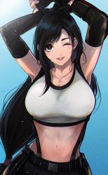Rule 34 | 1girl, armpits, arms up, beckey9415, black hair, black skirt, breasts, collarbone, crop top, detached sleeves, earrings, final fantasy, final fantasy vii, final fantasy vii remake, fingerless gloves, gloves, highres, jewelry, large breasts, lips, long hair, low-tied long hair, midriff, navel, one eye closed, red eyes, skirt, solo, square enix, suspender skirt, suspenders, tank top, tifa lockhart, upper body, white tank top