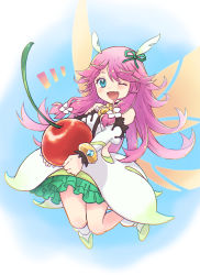 Rule 34 | 1girl, ;d, bare shoulders, blue eyes, cherry, dragalia lost, dress, ekra, fairy, fairy wings, fang, flower, food, fruit, hair flower, hair ornament, highres, holding, holding food, holding fruit, long hair, looking at viewer, notte (dragalia lost), one eye closed, open mouth, pink hair, skin fang, smile, solo, white dress, wings