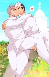 Rule 34 | 2boys, alternate costume, bara, black hair, blurry, blurry background, carrying, kissing cheek, church, commission, couple, crow (siranui), dress, earrings, facial hair, feet out of frame, formal, goatee, green eyes, gyee, heart, highres, jewelry, kiss, lifting person, long sideburns, male focus, multicolored hair, multiple boys, muscular, purple hair, second-party source, short hair, sideburns, spoken heart, su (gyee), suit, two-tone hair, wedding, wedding dress, white suit, yan (gyee), yaoi