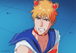 1boy bleach blue_sailor_collar brown_eyes choker clenched_teeth close-up collarbone commentary crescent crescent_earrings crossdressing earrings eyebrows_hidden_by_hair hair_between_eyes heart heart_choker highres jewelry kurosaki_ichigo looking_at_viewer male_focus meme nose orange_hair red_choker rozuberry sailor_collar sailor_moon_redraw_challenge_(meme) sailor_senshi_uniform shirt short_hair solo spiked_hair sweatdrop teeth torn_clothes torn_shirt tsurime two_side_up v-shaped_eyebrows white_shirt