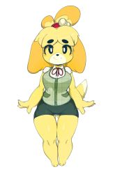 Rule 34 | 1girl, absurdres, animal crossing, animal ears, barefoot, bell, black eyes, blonde hair, blush stickers, breasts, claws, dog ears, dog girl, dog tail, female focus, full body, furry, furry female, gluteal fold, green skirt, green vest, hair bell, hair ornament, hair tie, happy, highres, isabelle (animal crossing), jingle bell, looking at viewer, medium breasts, miniskirt, neck ribbon, nintendo, panties, pantyshot, pencil skirt, red ribbon, ribbon, shiny skin, shirt, short hair, short sleeves, simple background, skirt, slugbox, smile, solo, standing, tail, thick arms, thigh gap, topknot, underwear, vest, white background, white panties, white shirt