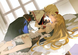 Rule 34 | 2girls, alice margatroid, apron, arm grab, bare shoulders, barefoot, black skirt, black vest, blonde hair, blue dress, blue eyes, blush, book, capelet, commentary request, dress, dutch angle, closed eyes, fingerless gloves, french kiss, full-face blush, gloves, hairband, hand on another&#039;s arm, indoors, kaoru (alicemakoto), kirisame marisa, kiss, long hair, looking at another, lying, medium hair, multiple girls, necktie, off-shoulder shirt, off shoulder, on back, on person, open mouth, red hairband, red necktie, red ribbon, ribbon, shirt, sitting, sitting on person, skirt, tongue, tongue out, touhou, vest, waist apron, watermark, white capelet, white shirt, wrist cuffs, yuri