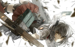 Rule 34 | 10s, 1girl, armor, bike shorts, bike shorts under skirt, blurry, blush, bow (weapon), brown eyes, brown hair, clip (weapon), crossbow, damaged, depth of field, flat chest, flight deck, headband, headgear, kantai collection, looking at viewer, magazine (weapon), nishiuri, personification, pleated skirt, short hair, shorts, shorts under skirt, skirt, solo, taihou (kancolle), thighhighs, torn clothes, weapon, yellow eyes