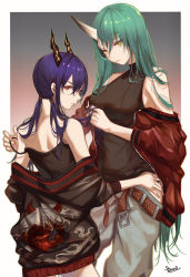 Rule 34 | 2girls, absurdres, arknights, bare shoulders, belt, belt buckle, black panties, black shirt, breasts, buckle, cameltoe, ch&#039;en (arknights), closed mouth, cowboy shot, dragon horns, gradient background, green hair, grey pants, hand on another&#039;s thigh, height difference, highres, horns, hoshiguma (arknights), hoshiguma (ronin huntress) (arknights), jacket, kawausoman, large breasts, long hair, long sleeves, low twintails, multiple girls, off shoulder, official alternate costume, open belt, open clothes, open jacket, panties, pants, pink eyes, purple hair, red jacket, shirt, side-tie panties, signature, single horn, skin-covered horns, twintails, underwear, undressing another, unzipped, yellow eyes, yuri
