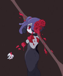 Rule 34 | 1girl, backless dress, backless outfit, blood, blue hair, blue skin, brown background, colored skin, detached collar, dress, flower, guro, hair over one eye, looking back, red eyes, rose, side ponytail, skullgirls, solo, squigly (skullgirls), tasmania53, zombie