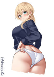Rule 34 | 1girl, alternate costume, aqua eyes, ass, black sweater, blonde hair, blush, breasts, cowboy shot, ebifurya, highres, kantai collection, large breasts, long hair, looking at viewer, looking back, low twintails, panties, panty pull, prinz eugen (kancolle), simple background, solo, sweater, twintails, twitter username, underwear, white background, white panties