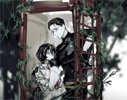 Rule 34 | 1boy, 1girl, arm vines, black gloves, black hair, bob cut, glasses, gloves, hair slicked back, highres, long sleeves, looking away, looking down, moses (project moon), multicolored hair, phone booth, plant, project moon, remsrar, shirt, short sleeves, streaked hair, sweat, the distortion detective, upper body, vespa crabro, vines, white eyes, white shirt