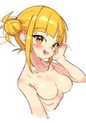 Rule 34 | 1girl, blonde hair, blunt bangs, blush, boku no hero academia, breasts, collarbone, completely nude, cropped torso, double bun, hair bun, highres, looking at viewer, medium breasts, nude, open mouth, rasusurasu, short hair, sidelocks, simple background, solo, toga himiko, upper body, white background, yellow eyes