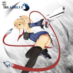 Rule 34 | 1girl, arc system works, ass, blazblue, breasts, duplicate, female focus, gun, looking back, no panties, noel vermillion, solo, thighhighs, trigger discipline, weapon