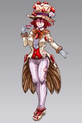 Rule 34 | 1girl, breasts, brooch, collared shirt, cup, full body, gloves, hat, highres, insect wings, jacket, jewelry, large breasts, looking at viewer, mad hatter (monster girl encyclopedia), mary janes, monster girl, monster girl encyclopedia, pants, red eyes, red hair, red vest, shirt, shoes, simple background, slime, smug, socks, solo, suit jacket, teacup, thighs, udetamago, vest, white gloves, white pants, wings