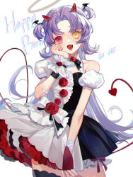 Rule 34 | 1girl, bandaid, bandaid on arm, bare arms, bare shoulders, black bow, black bowtie, black dress, bow, bowtie, breasts, ccchiye, chromatic aberration, commentary, demon tail, dress, dress bow, dress flower, english text, eyebrows hidden by hair, fang, flower, frilled dress, frills, halo, hand on own face, happy birthday, head wings, heterochromia, horns, long hair, looking at viewer, open mouth, original, purple hair, red bow, red eyes, red flower, red horns, red rose, red tail, rose, simple background, single wrist cuff, solo, standing, symbol-only commentary, tail, two-tone dress, two side up, white background, white bow, white dress, white wrist cuffs, wings, wrist cuffs, yellow eyes