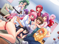 Rule 34 | 1boy, 6+girls, ass, blush, breasts, cleavage, duck costume, game cg, girl sandwich, glasses, green hair, harem, kono mama ja ane to sex shite shimau!?, large breasts, multiple girls, ole-m, open mouth, pajamas, pink hair, purple hair, red hair, sandwiched, shirt, siblings, sisters, white shirt