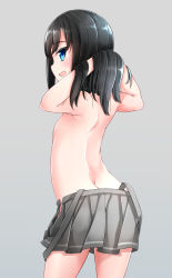 Rule 34 | 10s, 1girl, asashio (kancolle), ass, back, black hair, blue eyes, butt crack, comah, comb, cowboy shot, grey background, grey skirt, hands in hair, holding, holding own hair, kantai collection, long hair, looking at viewer, looking back, naked skirt, no panties, open mouth, partially undressed, pleated skirt, simple background, skirt, smile, solo, suspender skirt, suspenders, suspenders slip, topless